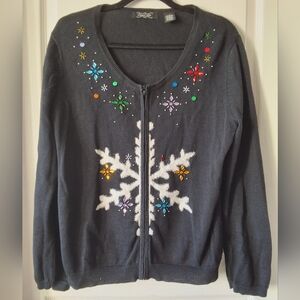 Crystal Kobe‎ Women L Snowflake Rhinestone Cardigan ZipUp Holiday Festive Winter
